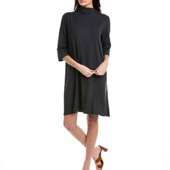 Eileen Fisher Dresses & Skirts - Eileen Fisher Washable Stretch Ribbed Funnel Neck Black Midi Dress Size XS